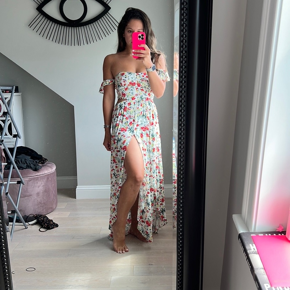 White floral strapless maxi dress